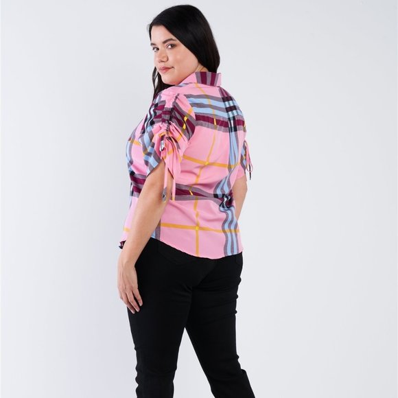 Plaid Multi Stripe Cinched Sleeve Button Down Top - Picture 4 of 4